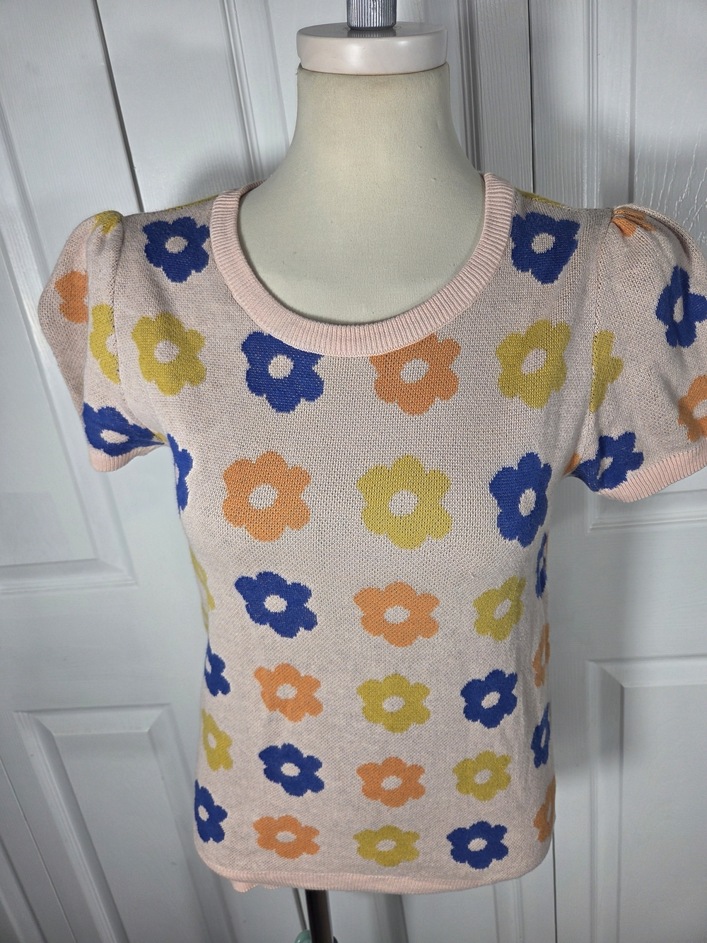 ModCloth Floral Knit Puff Sleeve Sweater Top M
